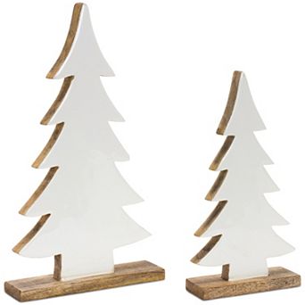 Rustic Woodland Holiday Decor Wood Pine Trees with White & Beige Tones (Set of 2)