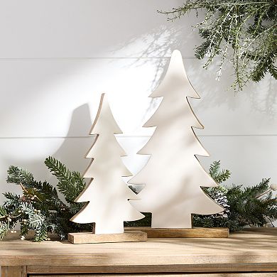 Rustic Woodland Holiday Decor Wood Pine Trees with White & Beige Tones (Set of 2)