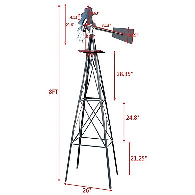 8ft Weather Resistant Decorative and Attractive Garden Windmill, Grey and Red