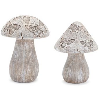 Set of 2 Etched Insect Mushroom Decor in Grey and Beige