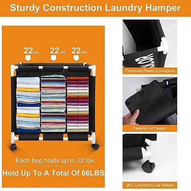 3-bag Laundry Hamper Cart - Waterproof Oxford With 4 Wheels - Rolling Laundry Sorter