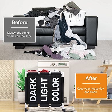 3-bag Laundry Hamper Cart - Waterproof Oxford With 4 Wheels - Rolling Laundry Sorter
