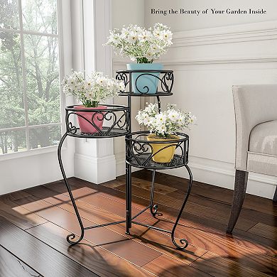 Pure Garden Plant Stand 3-Tier Indoor / Outdoor Folding Wrought Iron Metal Home and Garden Display