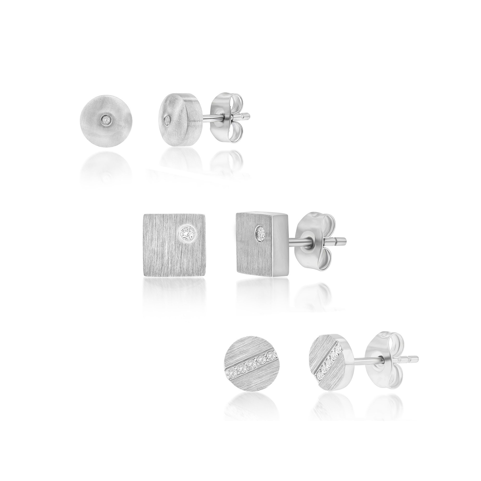 Metallo Steel Cubic Zirconia 3-Pair Stud Earring Set, Mens, Stainless