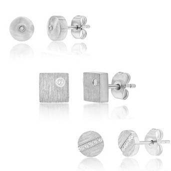 Metallo Steel Cubic Zirconia 3-Pair Stud Earring Set