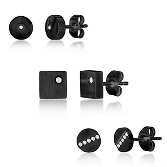 Metallo Steel Round Cubic Zirconia 3-Pair Stud Earring Set