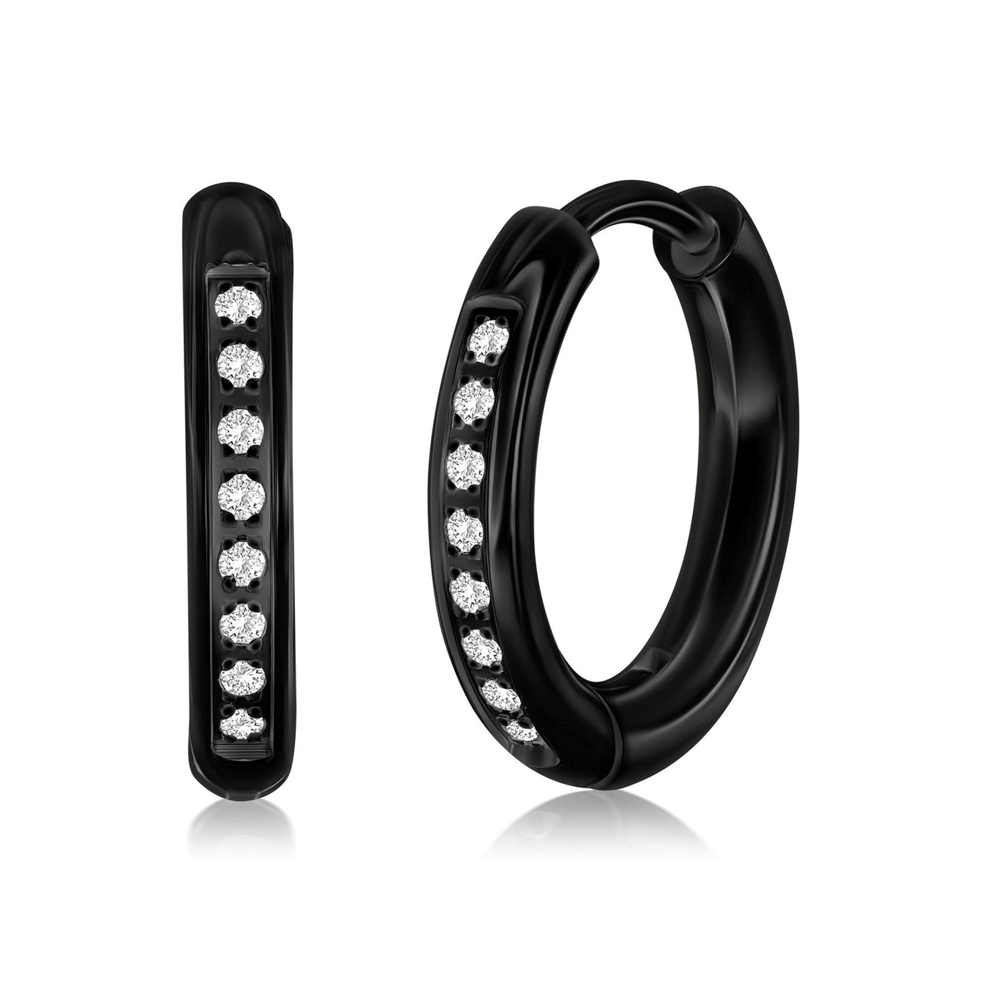 Metallo 15mm Cubic Zirconia Huggie Hoop Earrings, Mens, Black