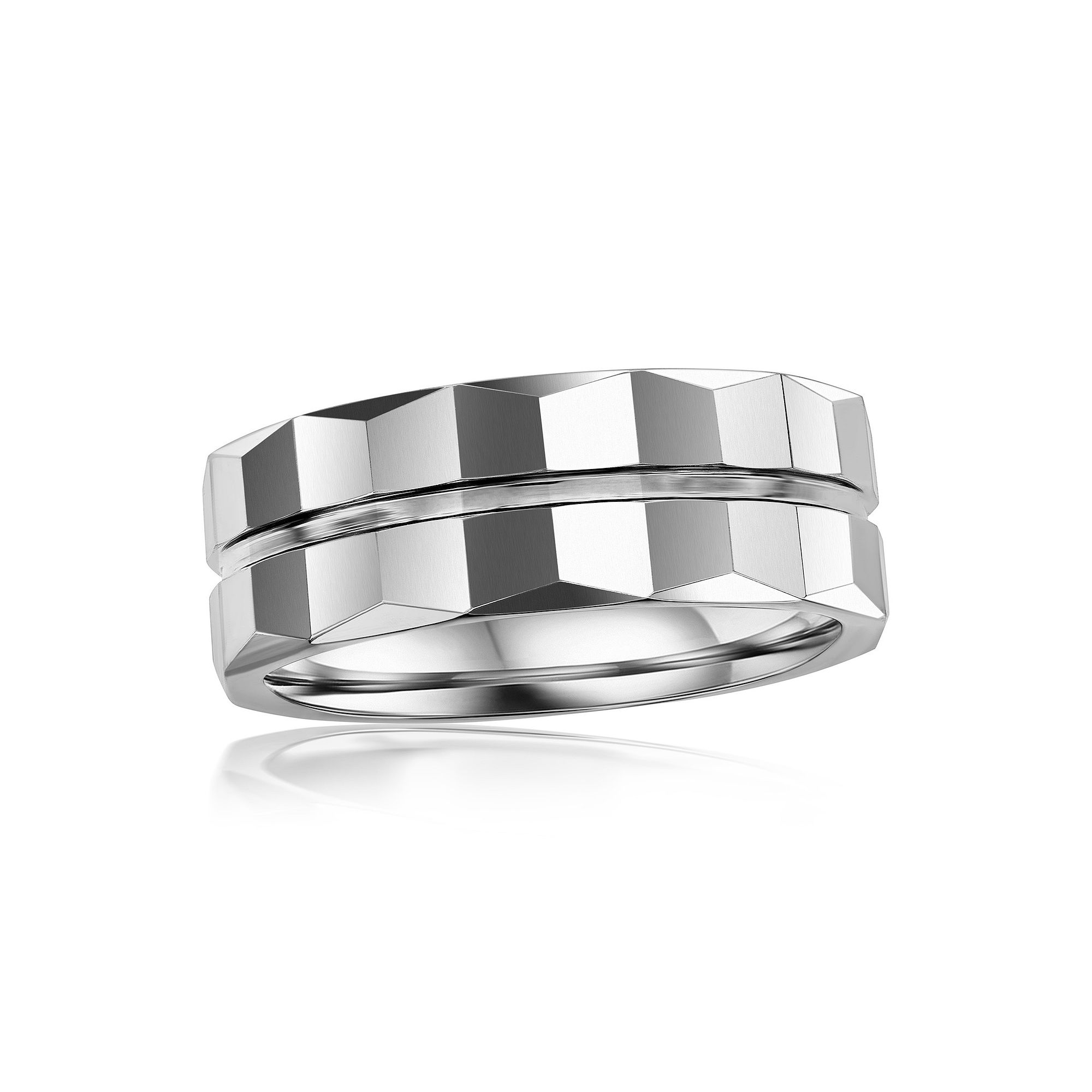 Metallo Polished Lined Faceted Tungsten Ring, Mens, Size: 11
