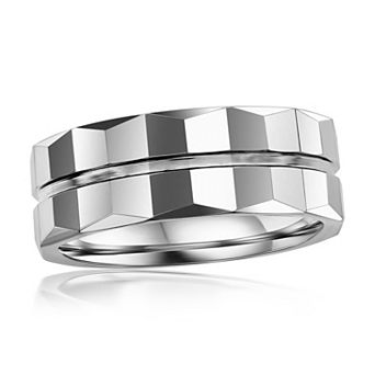Metallo Polished Lined Faceted Tungsten Ring