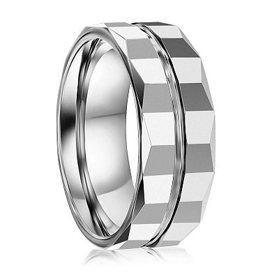 Metallo Polished Lined Faceted Tungsten Ring