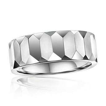 Metallo Polished Faceted Silver-Tone Tungsten Ring