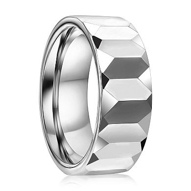 Metallo Polished Faceted Silver-Tone Tungsten Ring