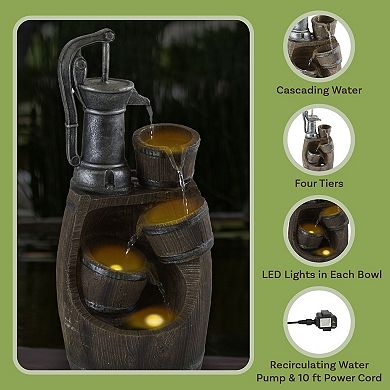 Pure Garden Rustic Barrel Water Fountain