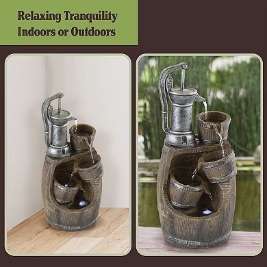 Pure Garden Rustic Barrel Water Fountain