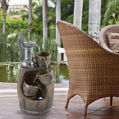 Pure Garden Rustic Barrel Water Fountain