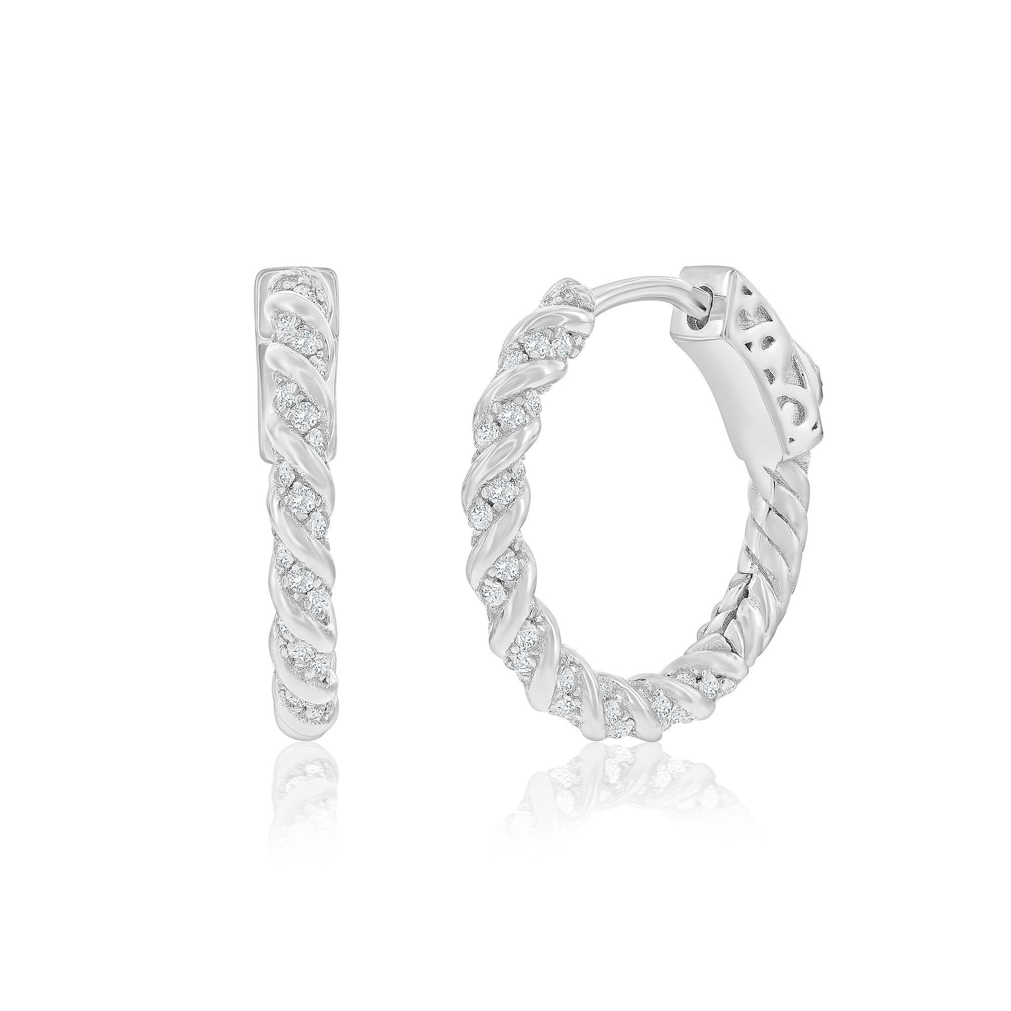 Argento Bella Sterling Silver Cubic Zirconia Twisted Rope Design Hoop Earri