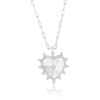 Argento Bella Sterling Silver Cubic Zirconia Border Heart Paperclip Chain Pendant Necklace