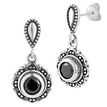 Sunkissed Sterling Sterling Silver Oxidized Lab-Created Black Onyx Floral Drop Earrings