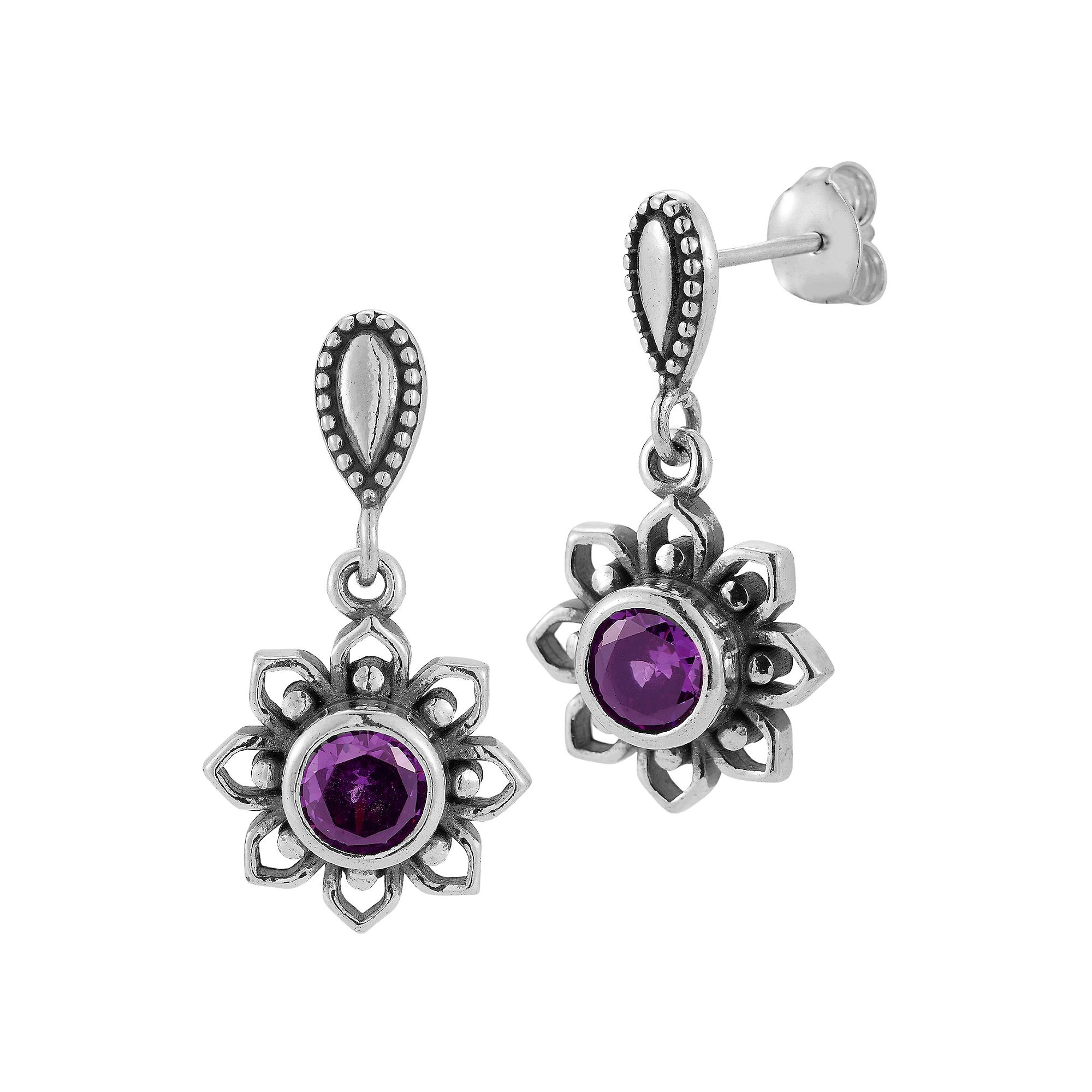 Sunkissed Sterling Sterling Silver Oxidized Amethyst Floral Drop Earrings, 