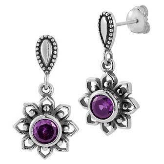 Sunkissed Sterling Sterling Silver Oxidized Amethyst Floral Drop Earrings