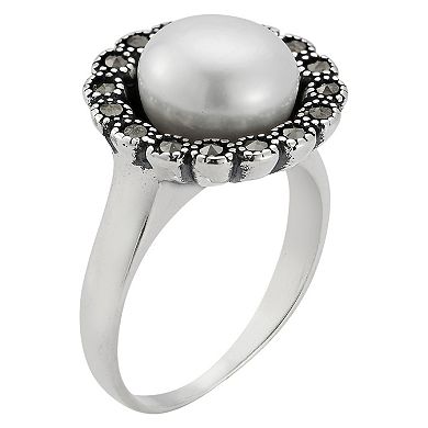 Sunkissed Sterling Sterling Silver Oxidized Cubic Zirconia and Cultured Freshwater Pearl Ring