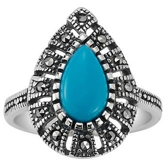 Sunkissed Sterling Sterling Silver Oxidized Pear Shaped Turquoise & Cubic Zirconia Ring