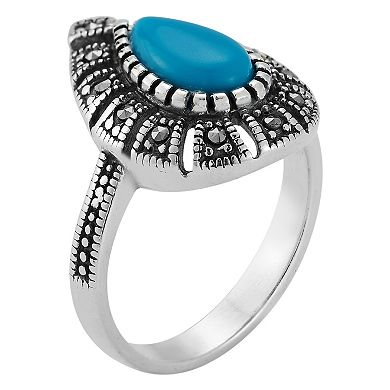 Sunkissed Sterling Sterling Silver Oxidized Pear Shaped Turquoise & Cubic Zirconia Ring