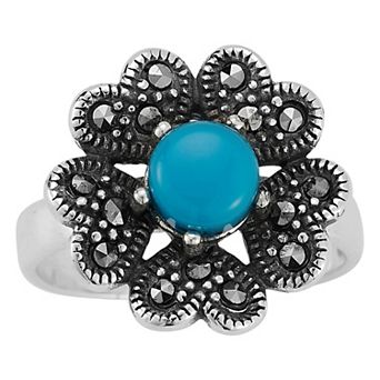 Sunkissed Sterling Sterling Silver Oxidized Turquoise & Cubic Zirconia Flower Ring