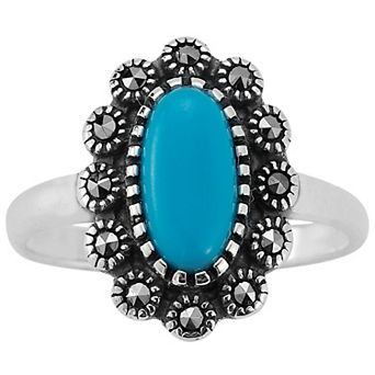 Sunkissed Sterling Sterling Silver Oxidized Oval Turquoise & Cubic Zirconia Flower Ring