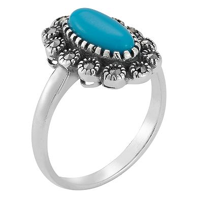 Sunkissed Sterling Sterling Silver Oxidized Oval Turquoise & Cubic Zirconia Flower Ring