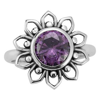 Sunkissed Sterling Rhodium Over Sterling Silver Synthetic Amethyst Floral Ring
