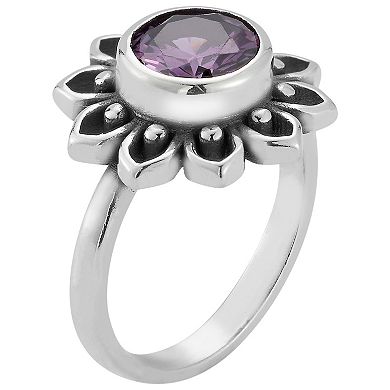 Sunkissed Sterling Rhodium Over Sterling Silver Synthetic Amethyst Floral Ring
