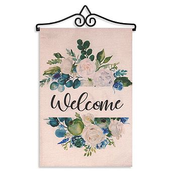 G128 Combo Set: Garden Flag Hanger And Welcome Elegant Floral Arrangement 12"x18"
