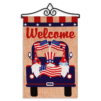 G128 Combo Set: Garden Flag Hanger And Welcome 3 Gnomes In Patriotic Truck 12"x18"