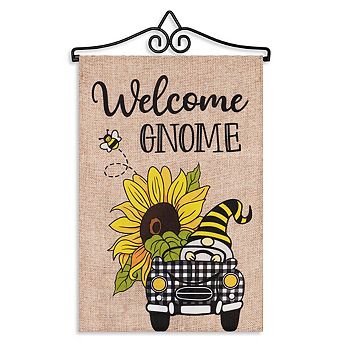 G128 Combo Set: Garden Flag Hanger And Welcome Gnome Sunflower Car 12"x18"