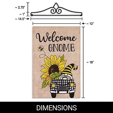 G128 Combo Set: Garden Flag Hanger And Welcome Gnome Sunflower Car 12"x18"
