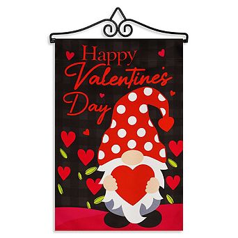 G128 Combo: Flag Hanger And Garden Flag Happy Valentine's Day Gnome Holding Red Heart 12"x18"