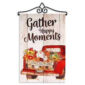 G128 Combo Set: Garden Flag Hanger And Garden Flag Gather Happy Moments Flower Truck 12"x18"