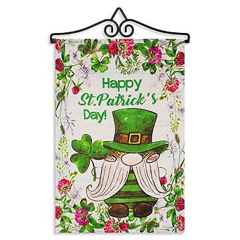 G128 Combo Set: Garden Flag Hanger And Garden Flag Happy St. Patrick's Day Gnome Leprechaun 12"x18"