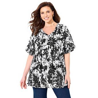 Catherines Women's Plus Size Seasonless Gauze Peasant Top