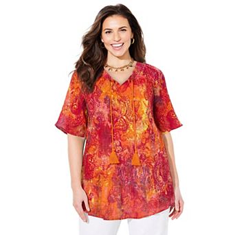 Catherines Women's Plus Size Seasonless Gauze Peasant Top