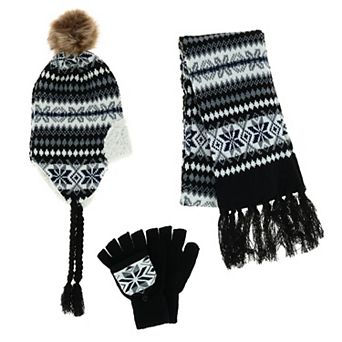Connex Gear Women's Snowflake Print Hat Scarf And Glommit 3 pc Winter Set