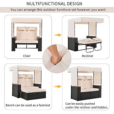 Merax 2-piece Rattan Outdoor Patio Bench Lounge Roof Set