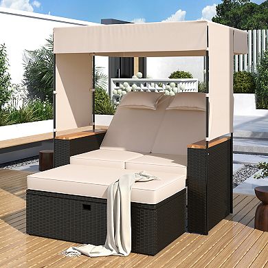 Merax 2-piece Rattan Outdoor Patio Bench Lounge Roof Set