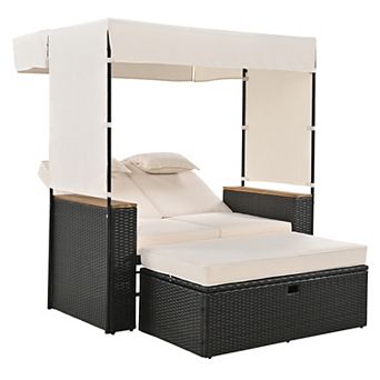 Merax 2 pc Rattan Outdoor Patio Bench Lounge Roof Set