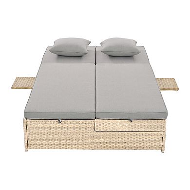 Merax Outdoor Double Sunbed, Wicker Rattan Patio Reclining Chairs