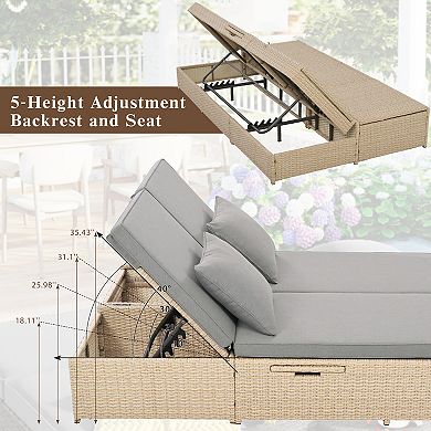 Merax Outdoor Double Sunbed, Wicker Rattan Patio Reclining Chairs