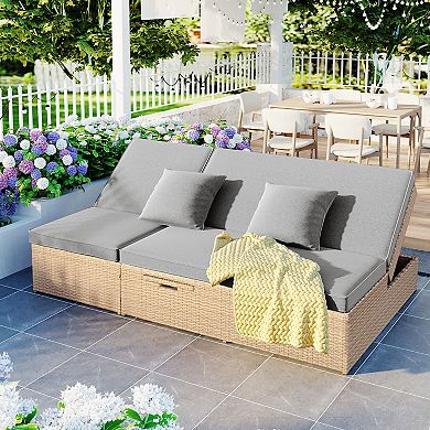 Merax Outdoor Double Sunbed, Wicker Rattan Patio Reclining Chairs
