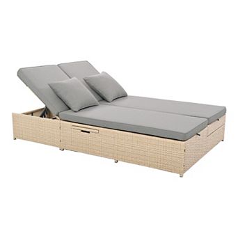 Merax Outdoor Double Sunbed, Wicker Rattan Patio Reclining Chairs