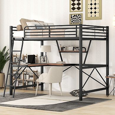 Merax Metal Frame Loft Bed With Desk And Shelf
